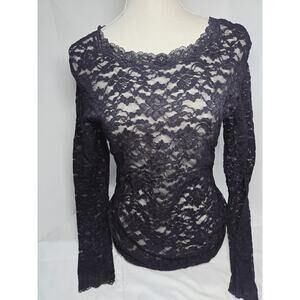 Vtg Y2k WhimsyGoth Black Lace Babydoll Top M Woman Blouse Sleeves Sheer Mesh